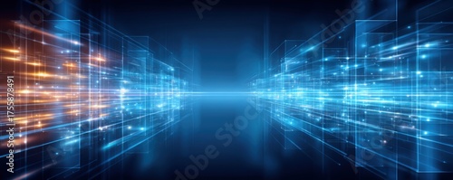 Wallpaper Mural Concept of changing social media algorithms. A vibrant, abstract digital design featuring dynamic blue and orange light streaks against a dark background, evoking a sense of speed and technology. Torontodigital.ca