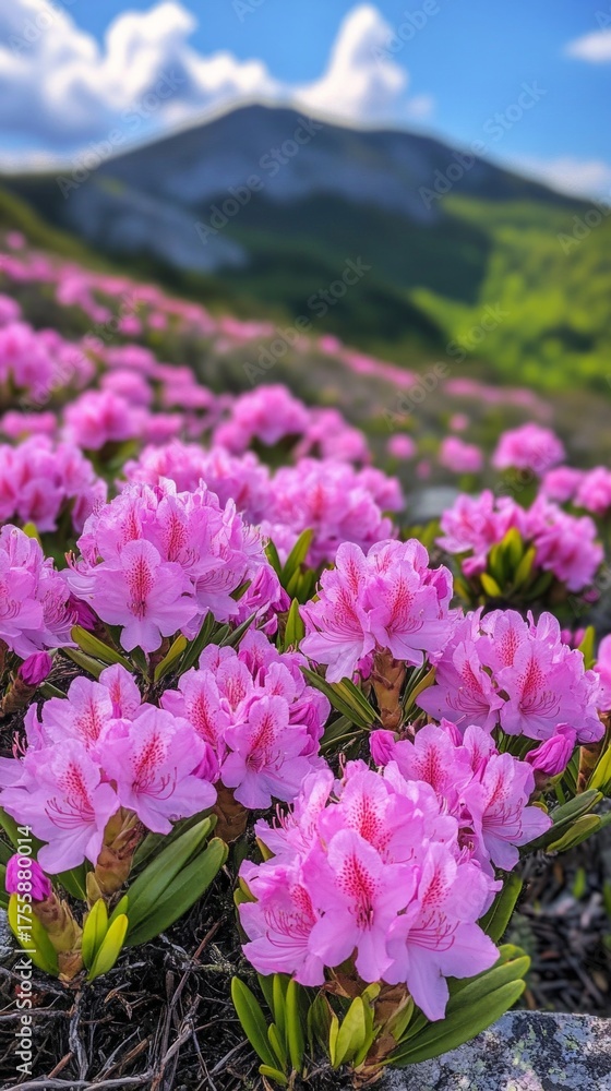 Obraz premium Blooming pink rhododendrons on mountain landscape background, suitable for articles about nature, tourism and spring landscapes.