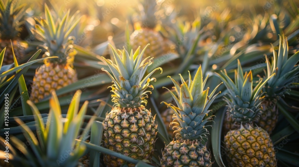 Obraz premium Pineapple plantation under bright sunshine, suitable for articles about agriculture and exotic fruits.