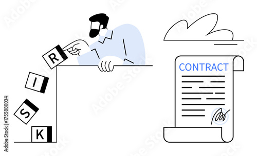 Man stabilizing falling risk blocks near signed contract on scroll paper. Ideal for risk management, business strategy, legal agreements, insurance, decision-making, problem-solving, simple flat