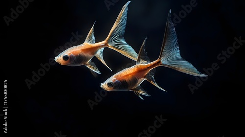 Two Vibrant Tropical Fish Swimming Gracefully in Dark Water