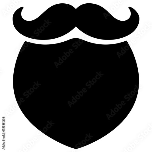 Curled handlebar mustache above wide rounded full beard, shield-shape silhouette