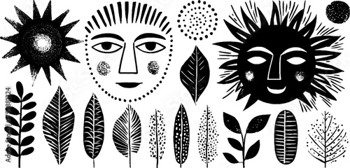 African folk art collection featuring masks and geometric sun designs for creative projects
