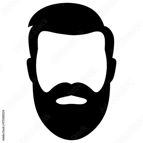 Male front silhouette, side-part sweep hair, rounded full beard, thick mustache