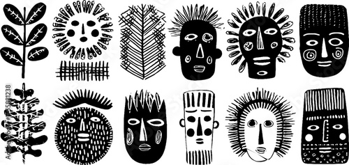 African folk mask and ornament collection with geometric sun and leaf motifs for cultural design