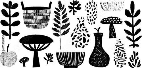 Autumn harvest illustration set with basket, wheat, apple, pear, leaf, and mushroom - boho folk art design