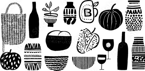 Autumn market collection with basket, pumpkin, apple, wine, cheese, and bread for rustic design elements