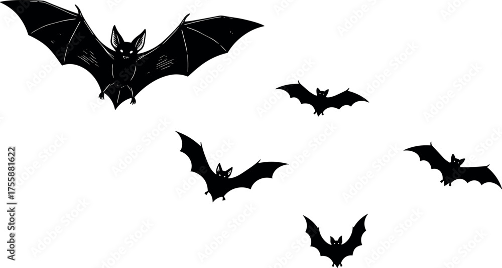 Fototapeta premium A flock of bats flying in the night sky, illustrating a spooky Halloween theme
