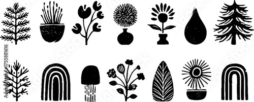 Elegant botanical ornament collection featuring branches, buds, leaves, drops, arches, and flowers