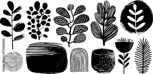 Black and white botanical patterns set with leaves, buds, and circles for design and decoration