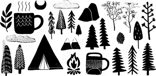 Rustic camping elements with tent, campfire, and nature scenes for outdoor enthusiasts