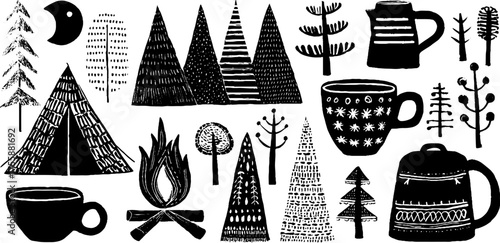 Rustic camping elements with tent campfire and mountain silhouettes for outdoor adventure design