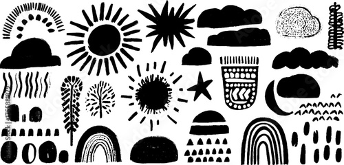 Day and night celestial set with sun, moon, clouds, and stars silhouettes for design