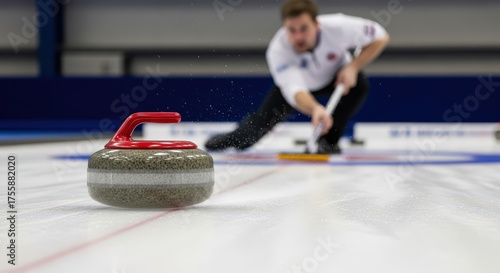 A curling stone sliding on ice with a male curler sweeping in the background on a curling rink indoors