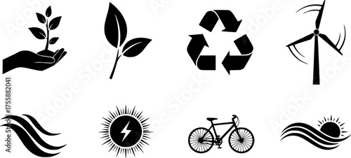 Eco-Conscious Sustainability Black Silhouette Vector Set: Plant, Recycling, Green Energy Icons for Environmental and Ethical Design	