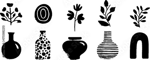 Floral and ceramics collection: vintage vase and pot silhouettes for boho decor design