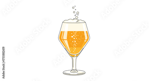 A refreshing beverage with a rich golden hue and frothy white head. .