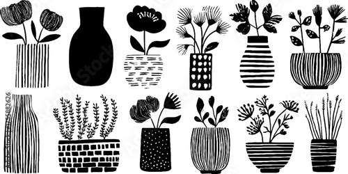 Floral arrangement in vases: rose, peony, iris, violet, lily, lavender for botanical design