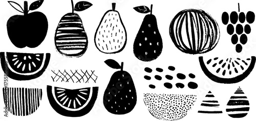 Black and white fruit set illustration: apple, pear, plum, peach, grapes, watermelon for vintage design