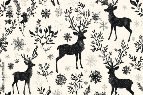 Elegant Black and Cream Christmas Toile Pattern with Classic Holiday Motifs
