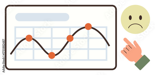 Chart with a downward trend line and data points, a sad face emotion, and a pointing hand. Ideal for performance analysis, failure, problem-solving, disappointment, caution, decision-making simple
