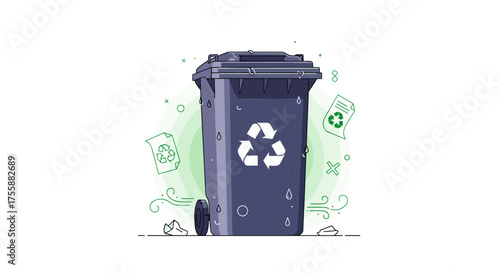 A dark blue recycling bin with a white recycling symbol on its front is surrounded by green circular elements and floating paper scraps with recycling symbols on them in this illustration.