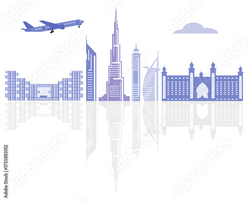 United Arab Emirates skyscrapers silhouette. Dubai buildings, hotels and symbol vector illustration. Dubai city skyline. Towers and landmarks cityscape. Camel. Design for banner, poster or print.