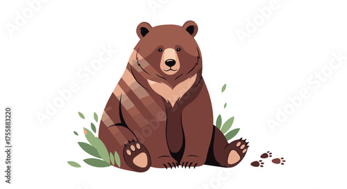 A friendly cartoon brown bear sitting outdoors with leaves and paw prints nearby.