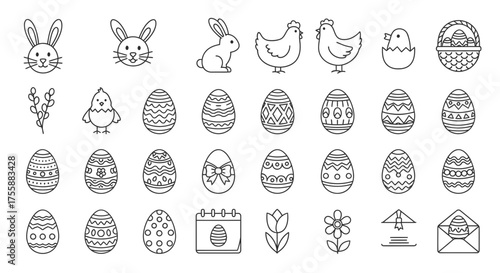A collection of simple outline icons representing Easter themes, including rabbits, chicks, eggs,.