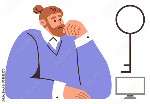 Thoughtful man with hand on chin considering ideas, surrounded by a key and computer. Ideal for decision-making, creativity, problem-solving, brainstorming, solutions, planning strategy. Simple flat