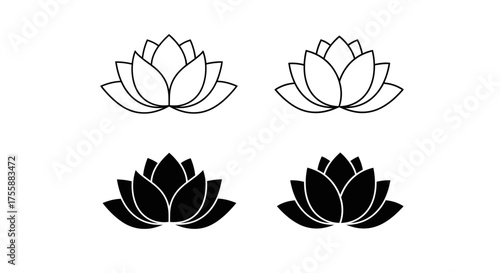 Four lotus flower icons are presented, two in outline and two in solid black, symbolizing purity and.