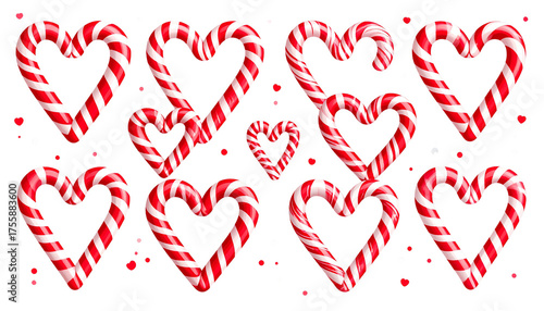 Red and white striped candy cane heart shapes set including various arrangements and sprinkles isolated. Holiday, Christmas, and Valentine's Day themes isolated on solid background Png format.