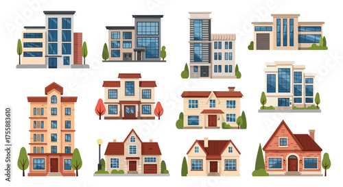 Collection of diverse modern and traditional architectural building styles.