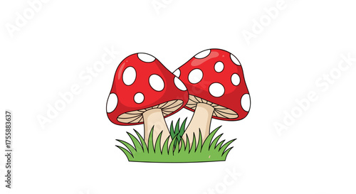 Two charming red and white spotted mushrooms growing together in vibrant green grass.