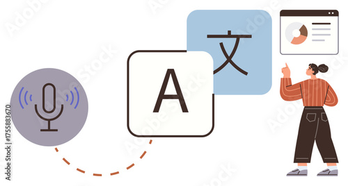 Microphone with sound waves beside A and language characters, woman interacting with digital chart. Ideal for translation, localization, language learning, AI tools, audio technology, globalization
