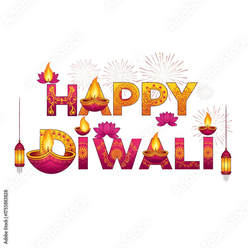 Creative Diwali Typography Vector Design with Festive Elements on White Background