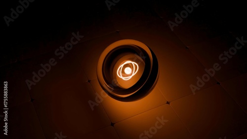 Luminous atomic energy sphere spinning on a grid floor