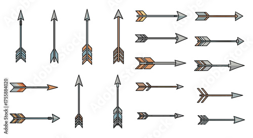 A collection of various illustrated arrows with detailed feather designs and metal tips pointing in different directions.