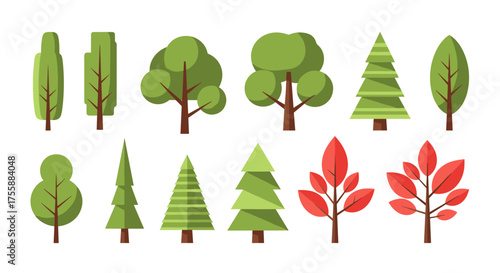 A collection of various stylized trees and deciduous plants in flat design.