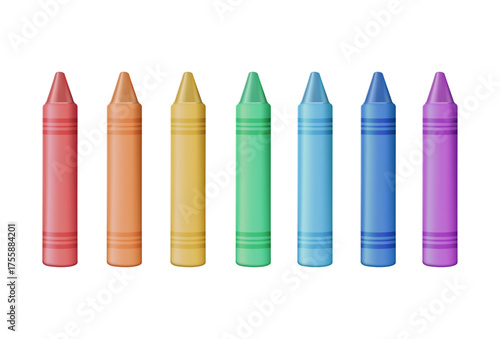 Crayons with different colors set. Back to school, supplies. School wax crayons elements for students and pupils drawing art material in rainbow color 3D render icon vector illustration