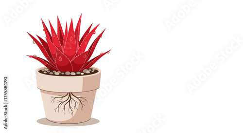 A vibrant red succulent plant in a ceramic pot with visible roots.