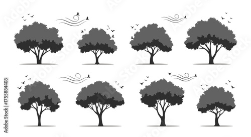 A collection of eight distinct silhouette illustrations of leafy trees with birds flying above them.
