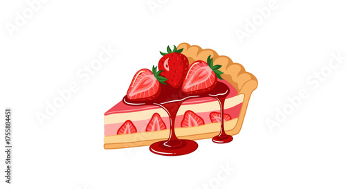 Delicious slice of strawberry cheesecake drizzled with a sweet fruit syrup.