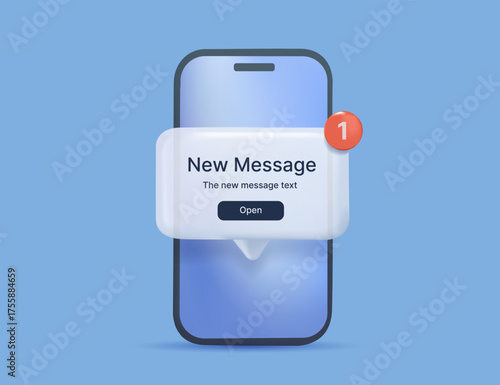 New message notification on modern smartphone. 3D render vector illustration. New email pop up. Incoming, open messaging. Chatting, mail, post, letter symbol, sign, emblem with new notification