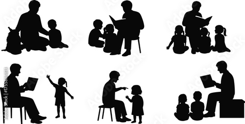 Black Silhouette Set of Adults Reading and Telling Stories to Children, Illustrating Family Bonding, Education, Grandparents, and Childhood Development Activities.