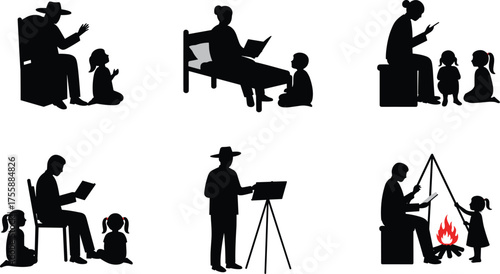 Black Silhouette Set of Adults Reading and Telling Stories to Children, Illustrating Family Bonding, Education, Grandparents, and Childhood Development Activities.