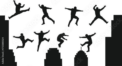 Dynamic Black Silhouette Set of a Man Jumping and Leaping Across Rooftops or Buildings, Showing Freedom, Parkour, Adventure, and Overcoming Obstacles

.
