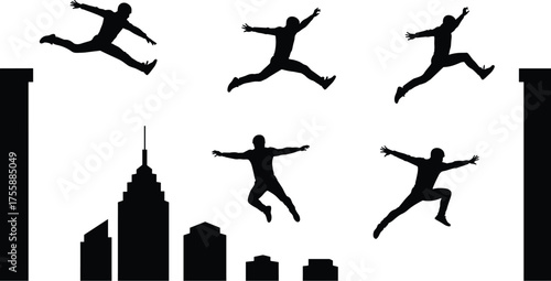 Dynamic Black Silhouette Set of a Man Jumping and Leaping Across Rooftops or Buildings, Showing Freedom, Parkour, Adventure, and Overcoming Obstacles

.