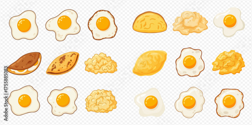 Cartoon illustration of various egg preparations including fried, scrambled, and omelet styles.