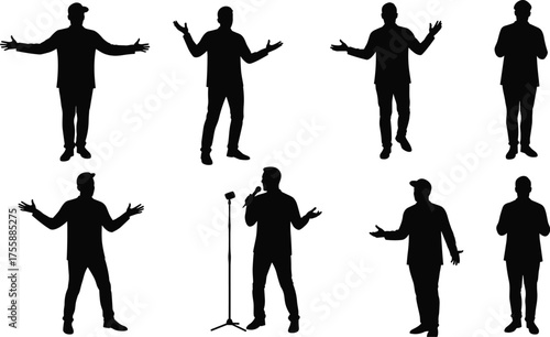 Black Silhouette of Man Performing Stand-Up Comedy or Public Speaking on Stage in Various Poses, Isolated on White Background, Show, Entertainment, Humor, Performance

.